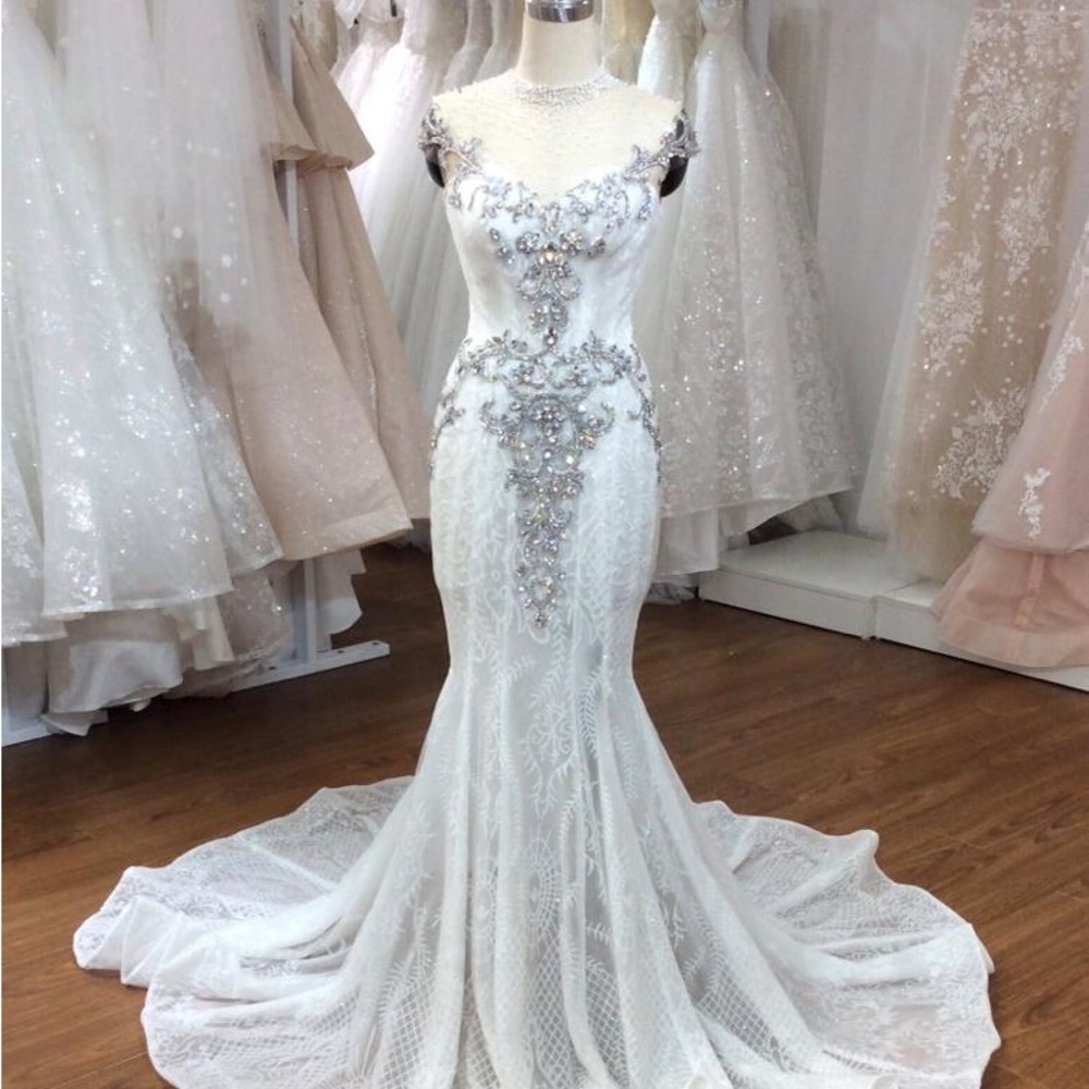 White Luxury Reception Gown with Hand-placed Stone Details